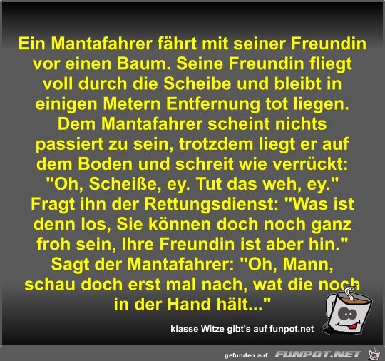Ein Mantafahrer fährt mit seiner Freundin vor einen Baum Ein Mantafahrer fährt mit seiner Freundin vor einen Baum