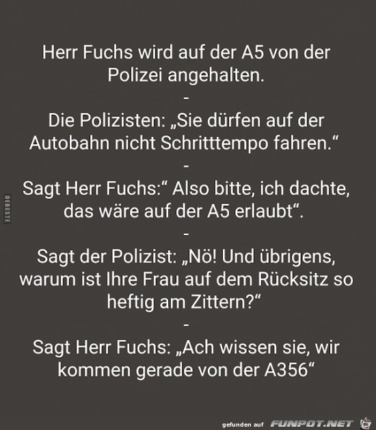 Herr Fuchs wird auf der A5 von der Polizei angehalten....... Herr Fuchs wird auf der A5 von der Polizei angehalten.......