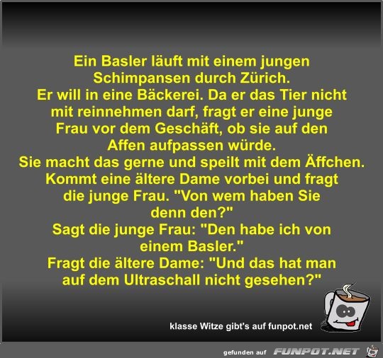 Ein Basler läuft mit einem jungen Schimpansen durch Zürich Ein Basler läuft mit einem jungen Schimpansen durch Zürich