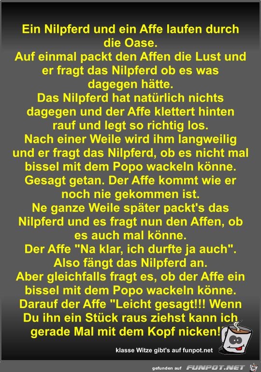 Ein Nilpferd und ein Affe laufen durch die Oase Ein Nilpferd und ein Affe laufen durch die Oase