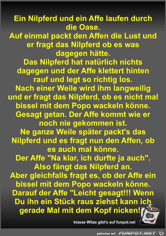 Ein Nilpferd und ein Affe laufen durch die Oase