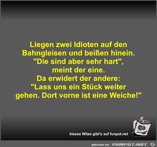 Liegen zwei Idioten auf den Bahngleisen und beißen hinein Liegen zwei Idioten auf den Bahngleisen und beißen hinein