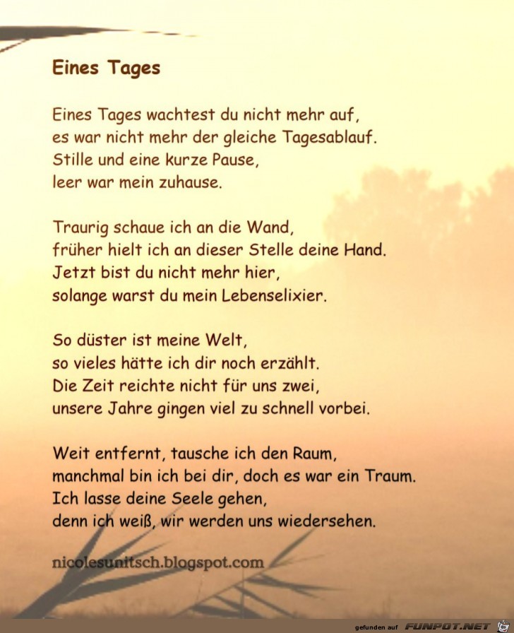 Eines Tages - Trauergedicht von Nicole Sunitsch Eines Tages - Trauergedicht von Nicole Sunitsch