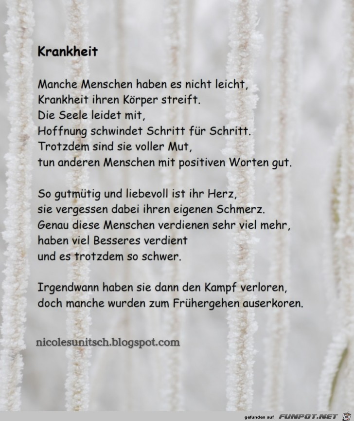 Krankheit- Trauergedicht von Nicole Sunitsch Krankheit- Trauergedicht von Nicole Sunitsch