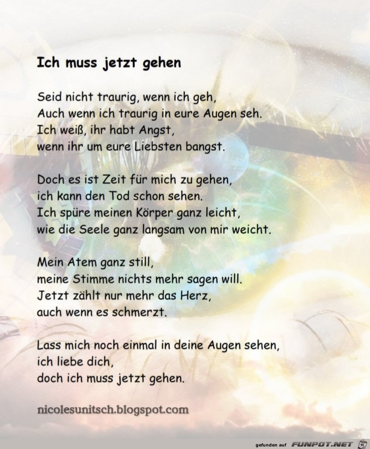 Ich muss jetzt gehen - Trauergedicht von Nicole Sunitsch Ich muss jetzt gehen - Trauergedicht von Nicole Sunitsch