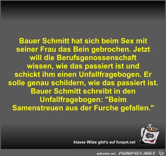 Bauer Schmitt hat sich beim Sex mit seiner Frau das Bein...