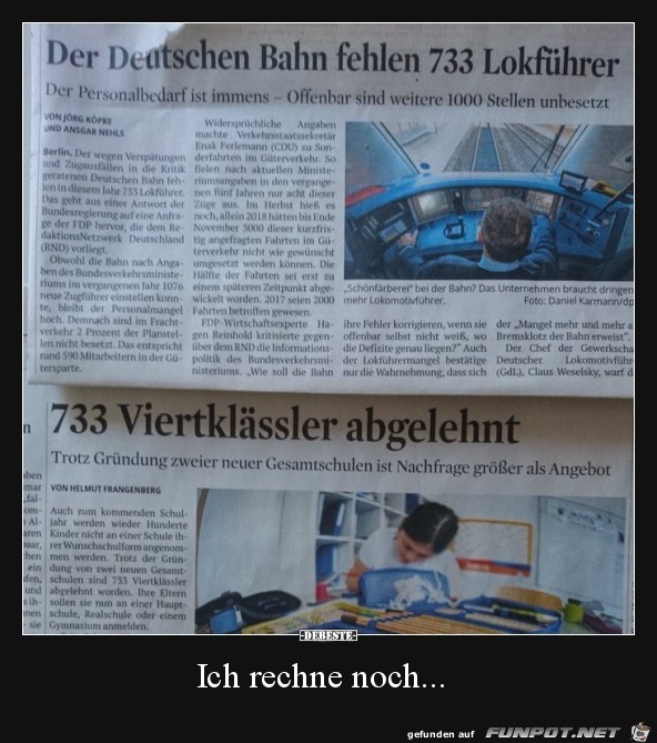 der Deutschen Bahn fehlen 733 Lokführer....... der Deutschen Bahn fehlen 733 Lokführer.......