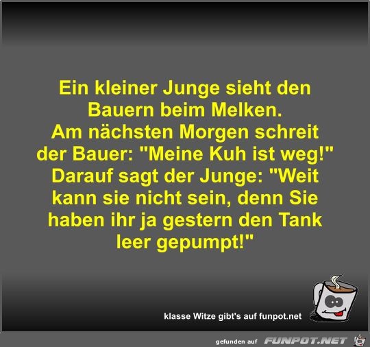 Ein kleiner Junge sieht den Bauern beim Melken