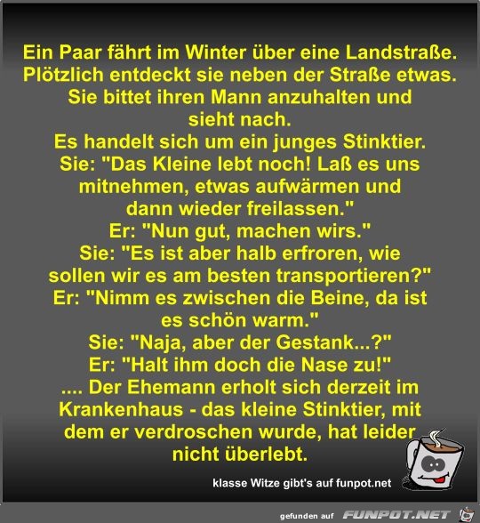 Ein Paar fhrt im Winter ber eine Landstrae