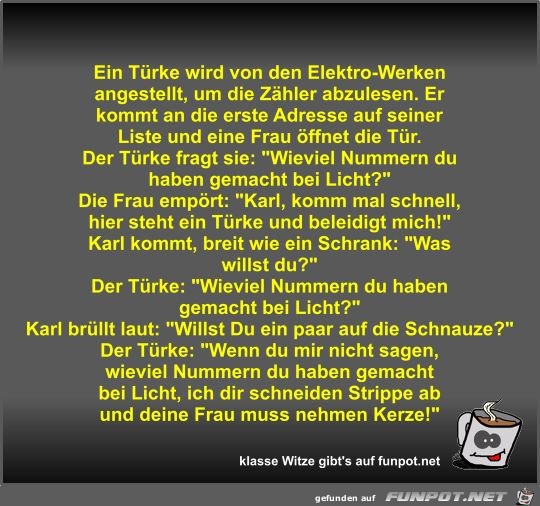 Ein Türke wird von den Elektro-Werken angestellt Ein Türke wird von den Elektro-Werken angestellt