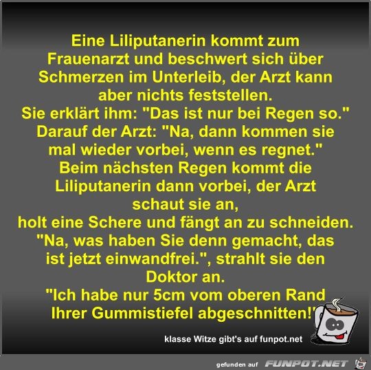 Eine Liliputanerin kommt zum Frauenarzt und beschwert sich