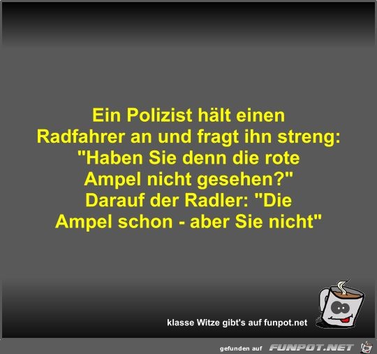 Ein Polizist hlt einen Radfahrer an und fragt ihn streng