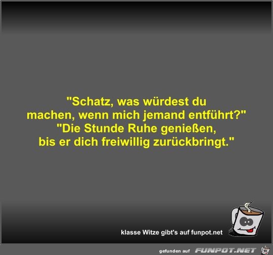 Schatz, was würdest du machen, wenn mich jemand entführt? Schatz, was würdest du machen, wenn mich jemand entführt?