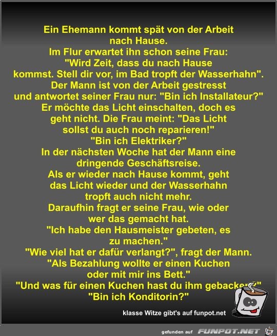 Ein Ehemann kommt spät von der Arbeit nach Hause Ein Ehemann kommt spät von der Arbeit nach Hause
