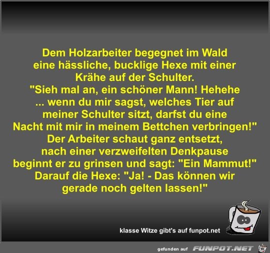 Dem Holzarbeiter begegnet im Wald eine hässliche Dem Holzarbeiter begegnet im Wald eine hässliche