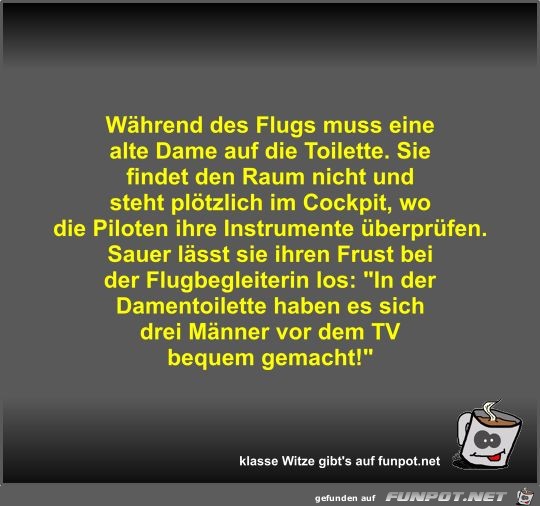 Whrend des Flugs muss eine alte Dame auf die Toilette