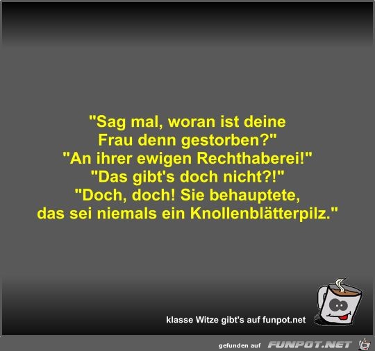 Sag mal, woran ist deine Frau denn gestorben? Sag mal, woran ist deine Frau denn gestorben?