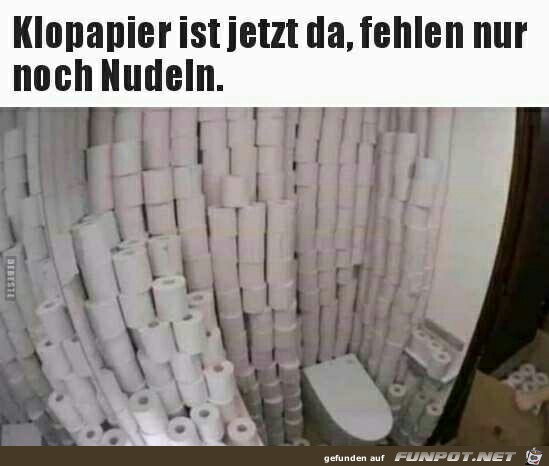 Klopapier ist jetzt da, fehlen nur noch die Nudeln Klopapier ist jetzt da, fehlen nur noch die Nudeln