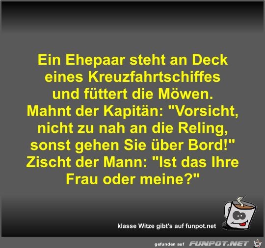 Ein Ehepaar steht an Deck eines Kreuzfahrtschiffes und...