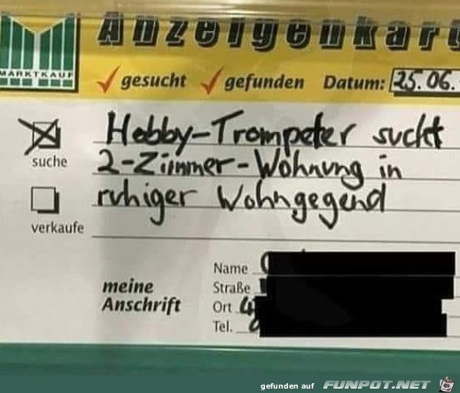 Hobbytrompeter will in ruhige Wohngegend