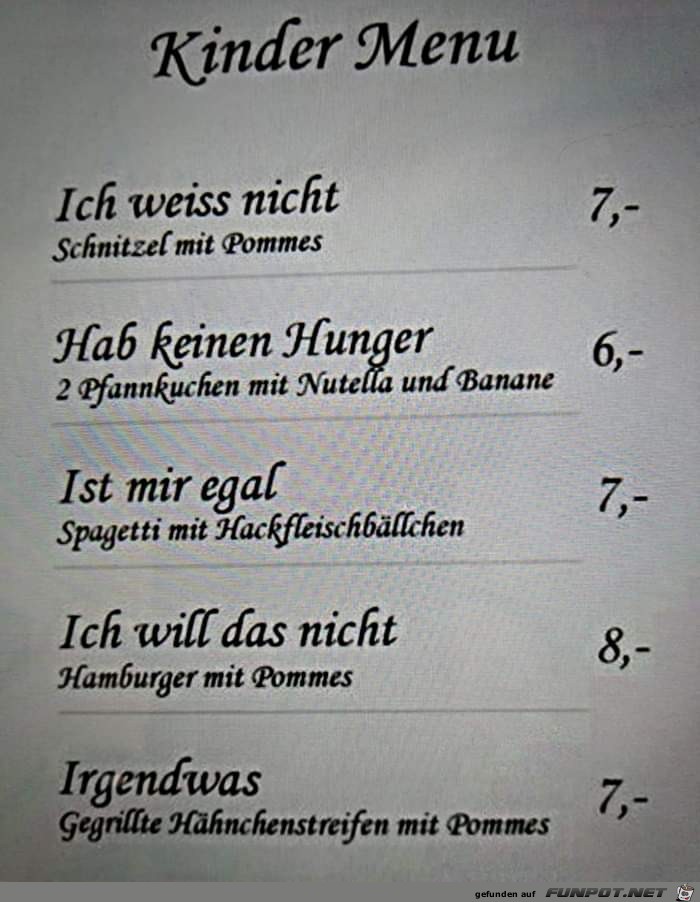 Kinder Menu Kinder Menu