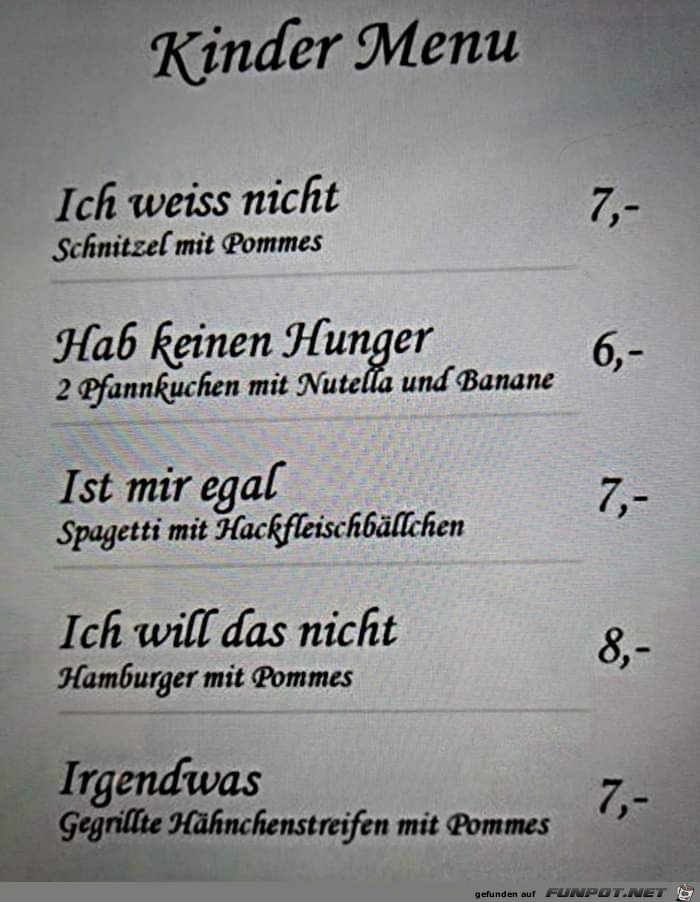 Kinder Menu