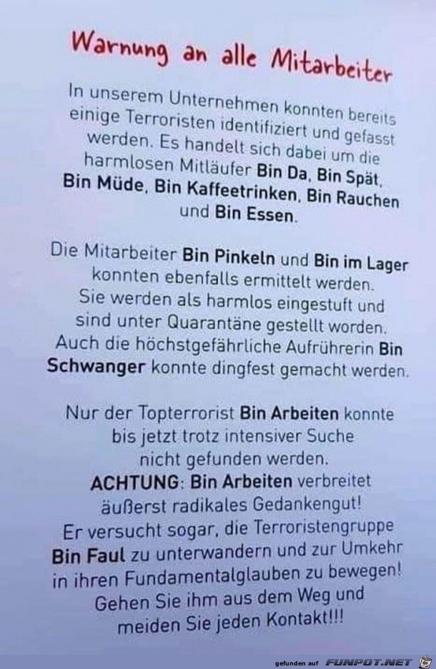 Warnung an alle Mitarbeiter