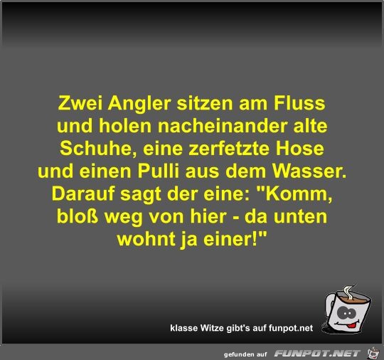 Zwei Angler sitzen am Fluss und holen nacheinander alte...