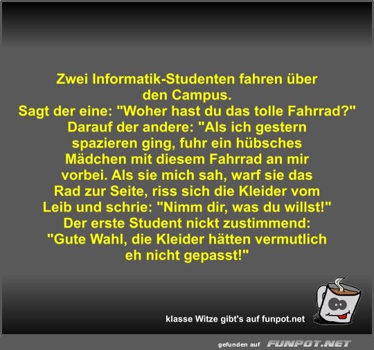 Zwei Informatik-Studenten fahren ber den Campus