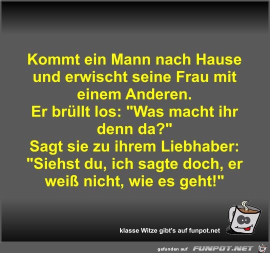 Kommt ein Mann nach Hause und erwischt seine Frau mit einem