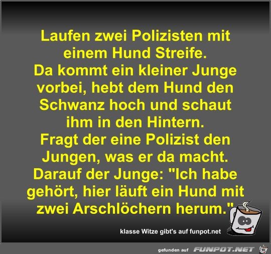 Laufen zwei Polizisten mit einem Hund Streife