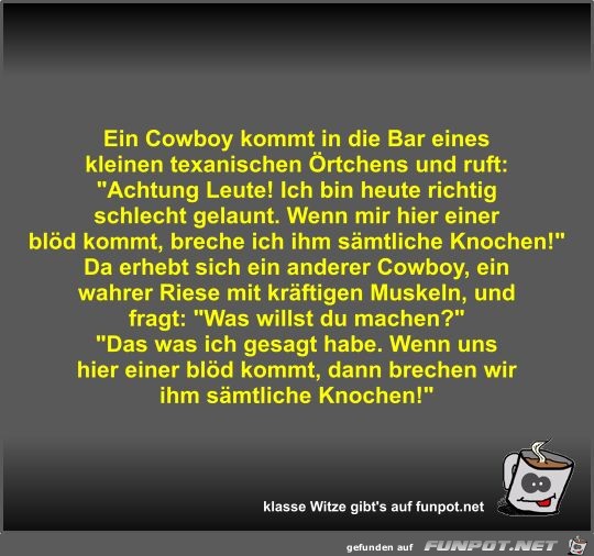 Ein Cowboy kommt in die Bar eines kleinen texanischen...