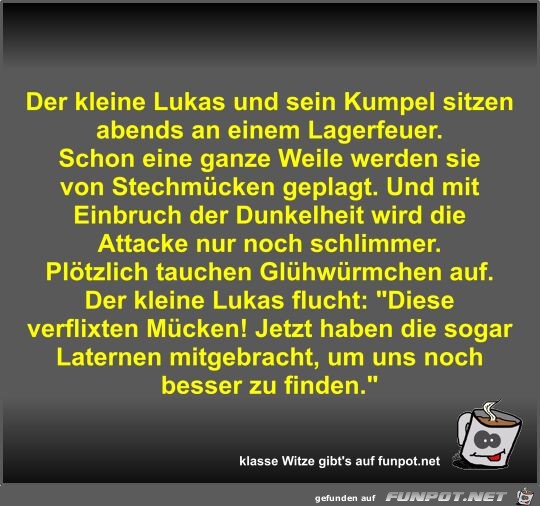 Der kleine Lukas und sein Kumpel sitzen abends an einem...