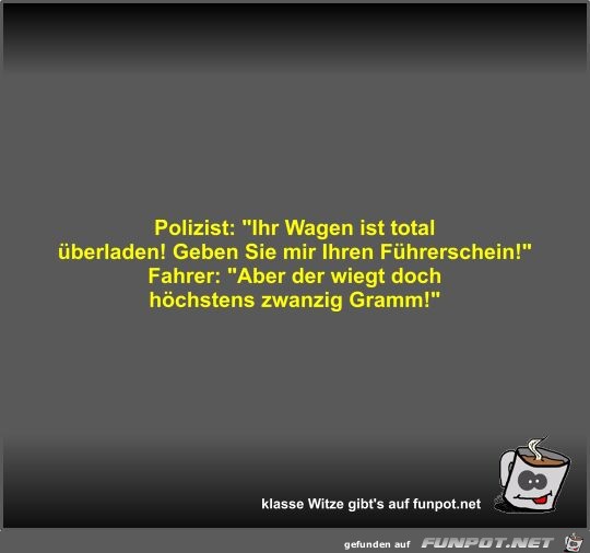 Polizist: Ihr Wagen ist total berladen! Geben Sie mir...