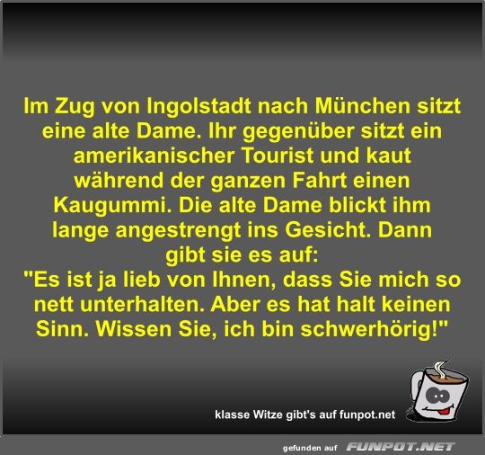 Im Zug von Ingolstadt nach München sitzt eine alte Dame Im Zug von Ingolstadt nach München sitzt eine alte Dame
