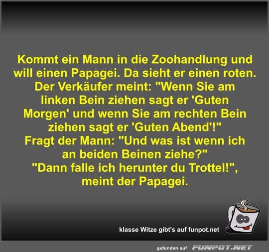 Kommt ein Mann in die Zoohandlung und will einen Papagei