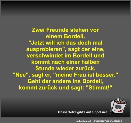 Zwei Freunde stehen vor einem Bordell