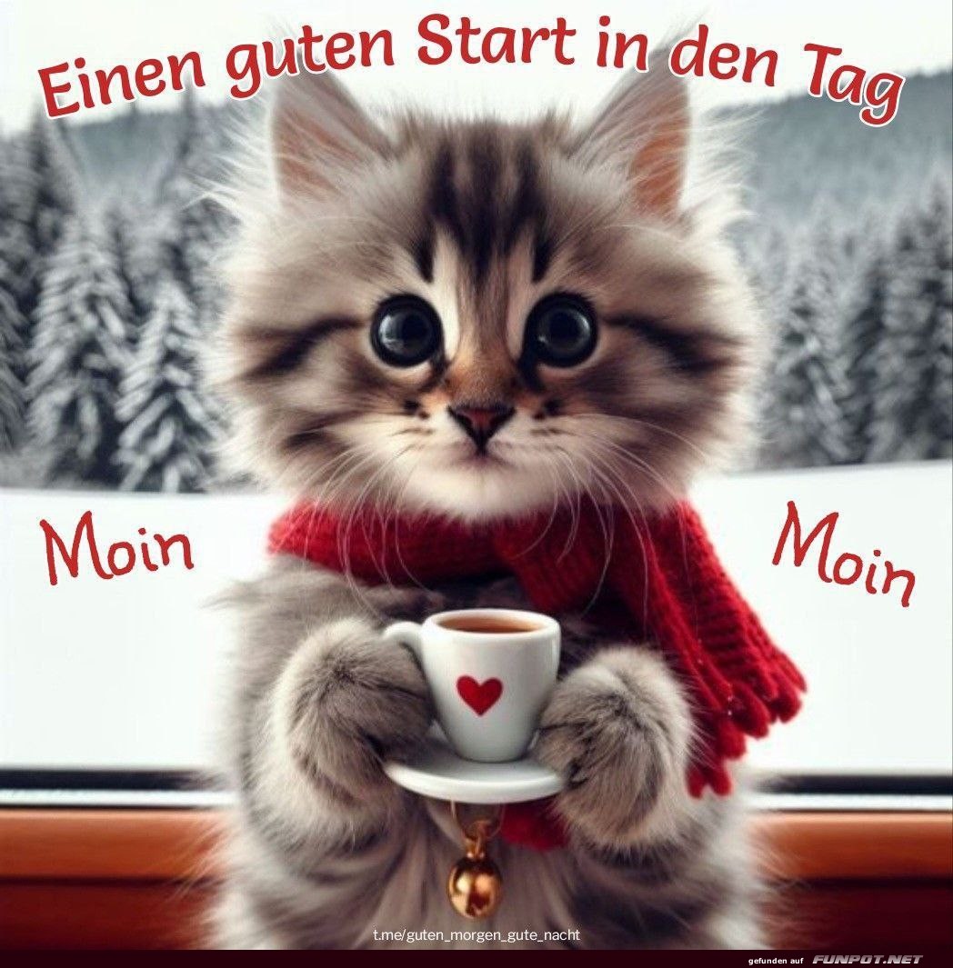 Niedliches Kätzchen wünscht guten Start in den Tag