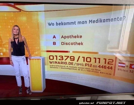 TV-Quizfrage: Wo bekommt man Medikamente?