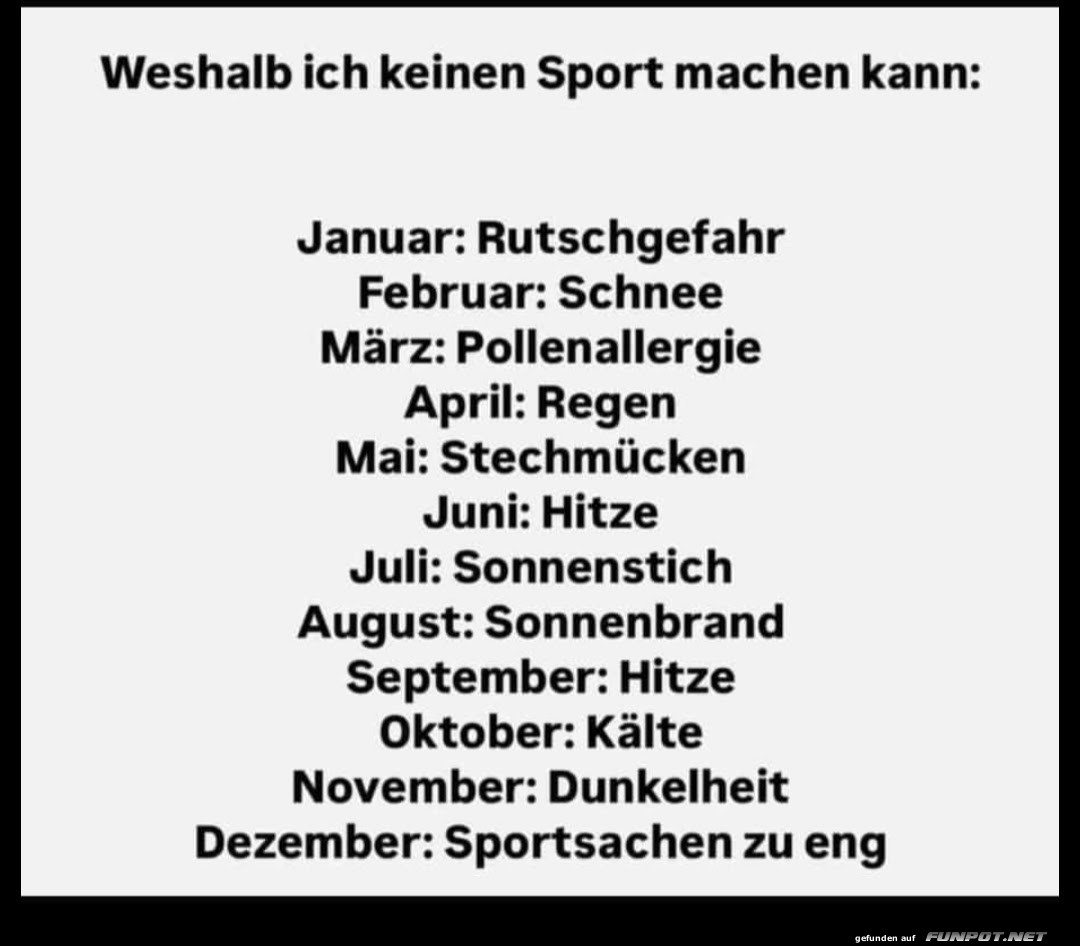 Warum ich keinen Sport mache: Monat fr Monat