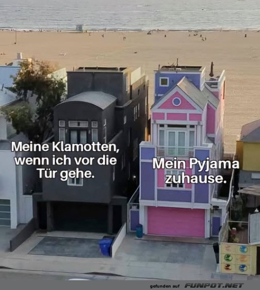 Kontrast zwischen Alltagskleidung und Pyjama Kontrast zwischen Alltagskleidung und Pyjama