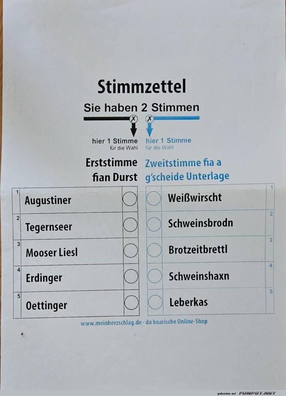 Bayerischer Stimmzettel mit humorvollem Twist