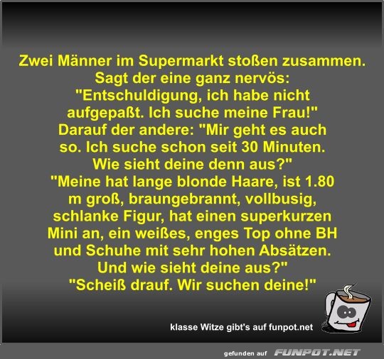 Zwei Mnner im Supermarkt stoen zusammen