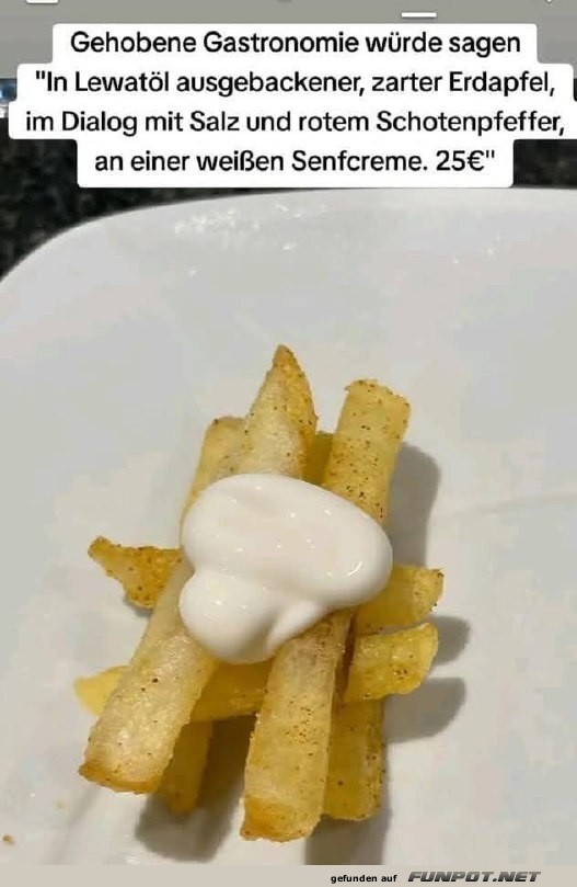 Gehoben servierte Pommes mit Senfcreme