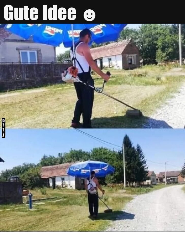 Kreativer Sonnenschutz beim Rasenmähen Kreativer Sonnenschutz beim Rasenmähen