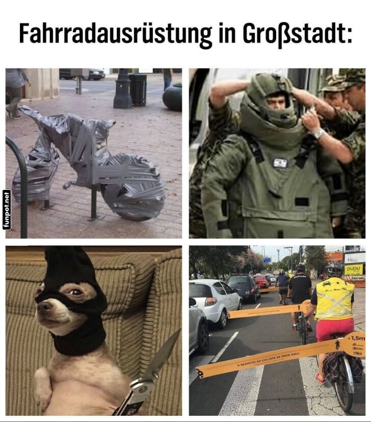 Kuriose Fahrradausrüstung in der Großstadt Kuriose Fahrradausrüstung in der Großstadt