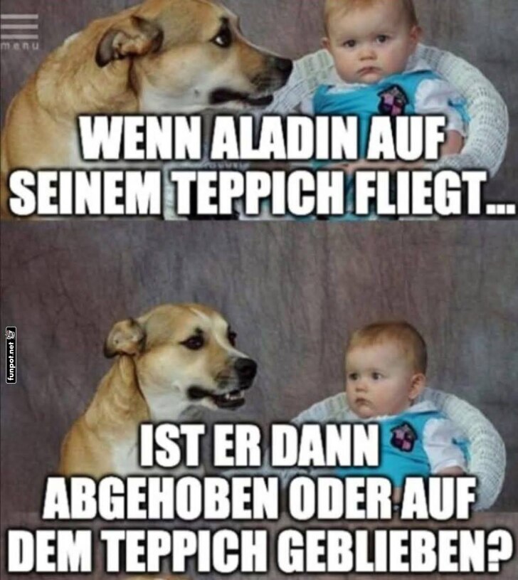 Hund und Baby denken über fliegenden Teppich nach Hund und Baby denken über fliegenden Teppich nach