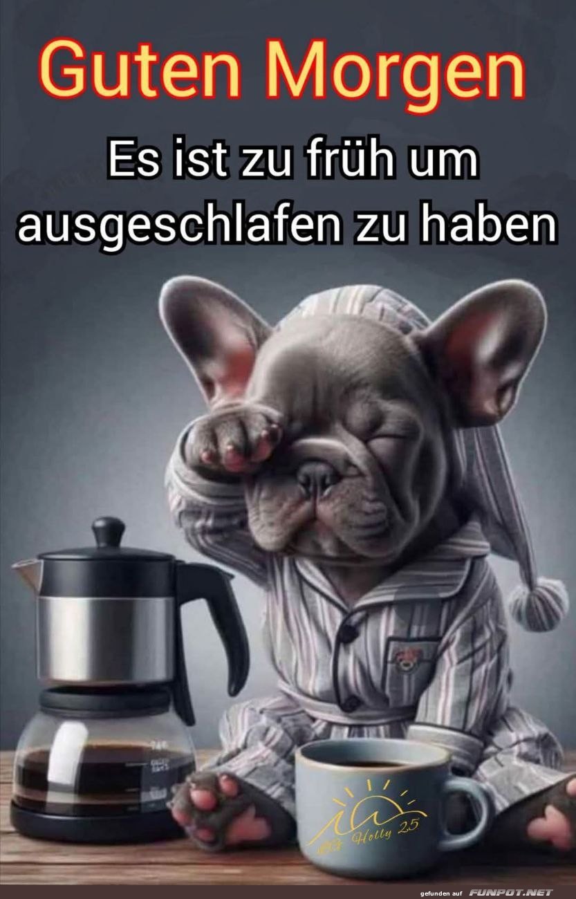 Müder Hund am Morgen mit Kaffee Müder Hund am Morgen mit Kaffee