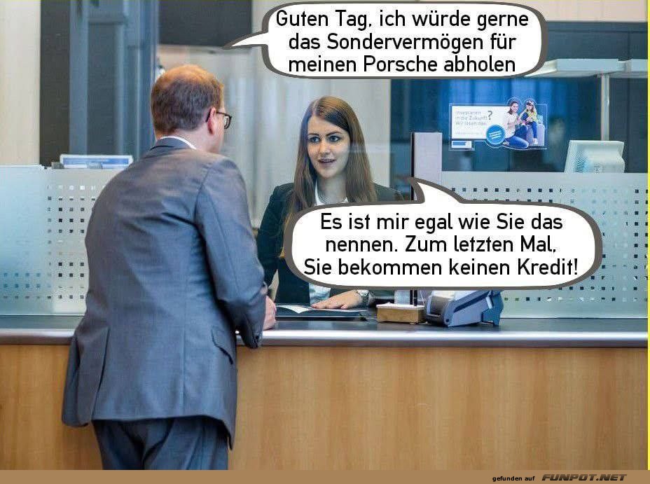 Humorvolle Unterhaltung am Bankschalter Humorvolle Unterhaltung am Bankschalter