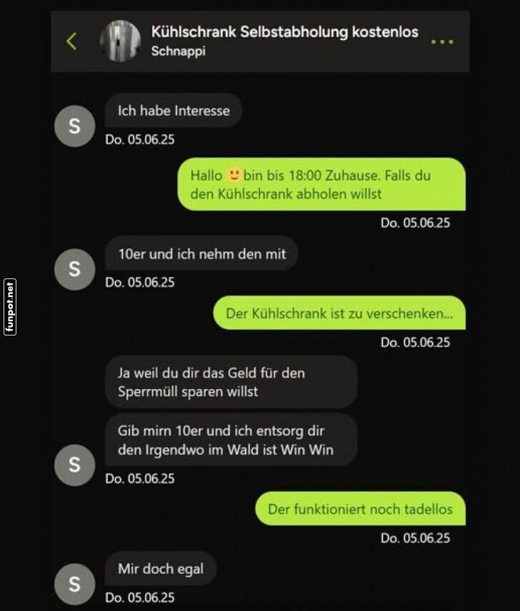 Kühlschrank zu verschenken - Chatverlauf Kühlschrank zu verschenken - Chatverlauf